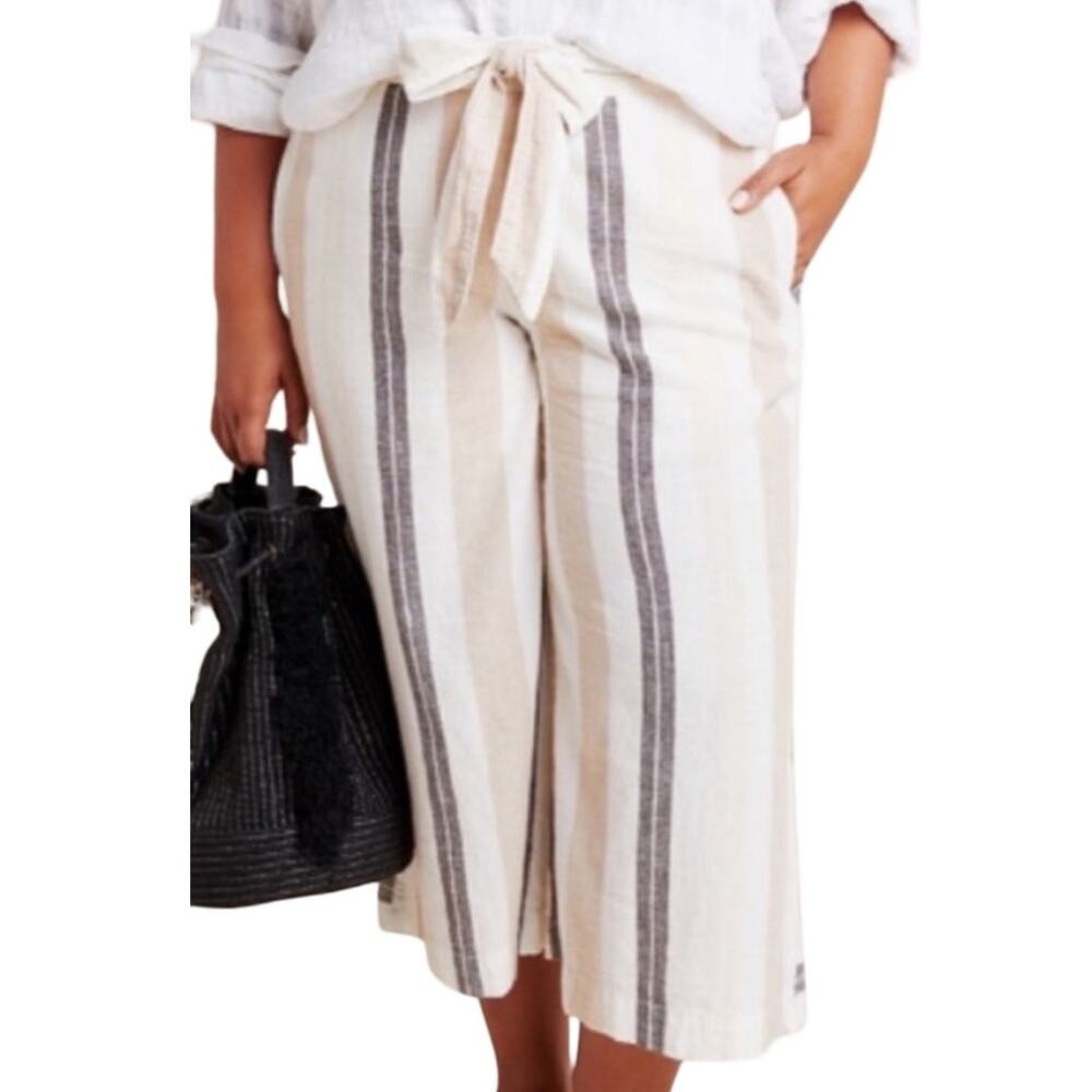 Anthropologie Beige Black White Neutral Stripe Linen Blend Wide Leg Pants size M - Picture 2 of 12